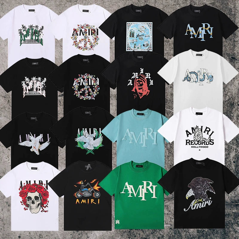 Amiri Niche Style Maychao T-shirt High Street Men and Women Couple Foam Retro Loose Print Trendy American Fashion Brand Short Sleeve