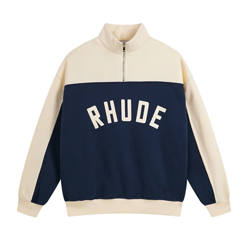 Rhude Half Zip Fleece Hoodie Set Men's Streetwear Autumn Winter Casual Pants Ensemble With Splice Trendy Brand