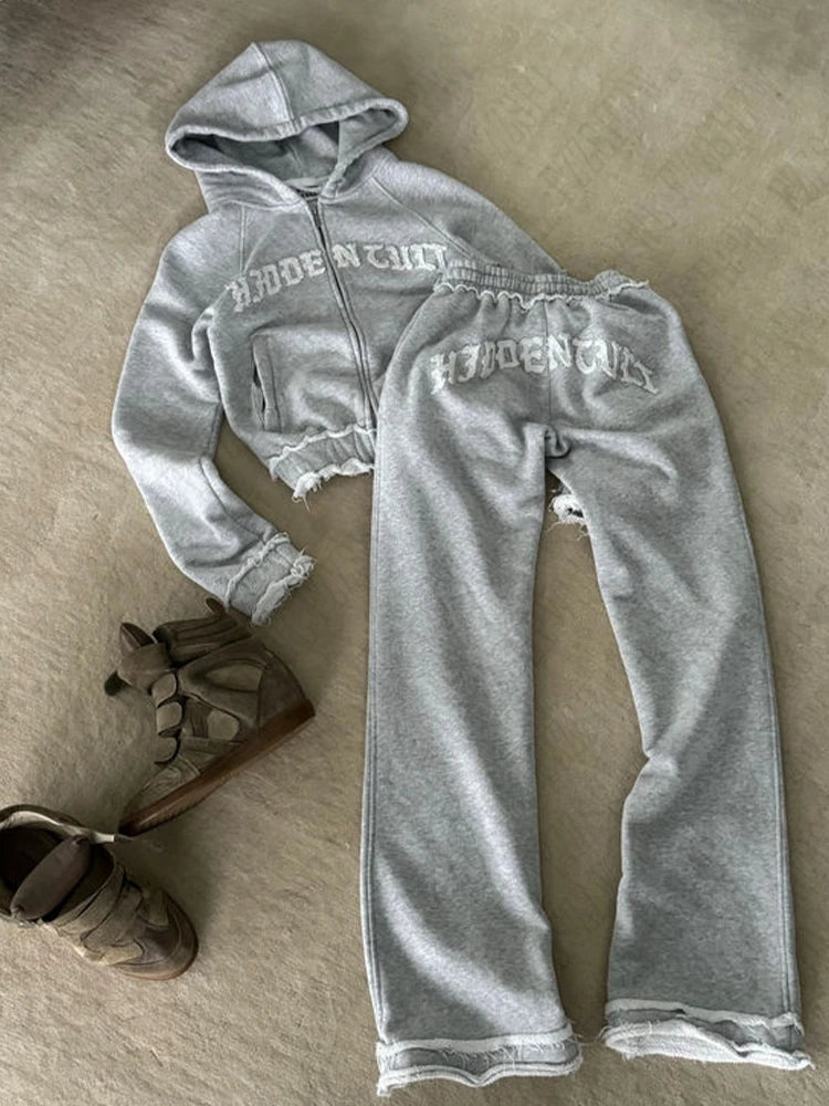 FZZSHPWL Aesthetic grey fall winter outfit punk casual retro burrs grunge streetwear emo girl fairy womens zipper jacket fashion trousers