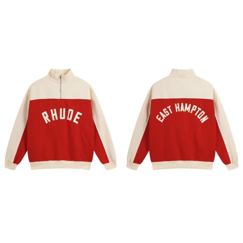 Rhude Half Zip Fleece Hoodie Set Men's Streetwear Autumn Winter Casual Pants Ensemble With Splice Trendy Brand