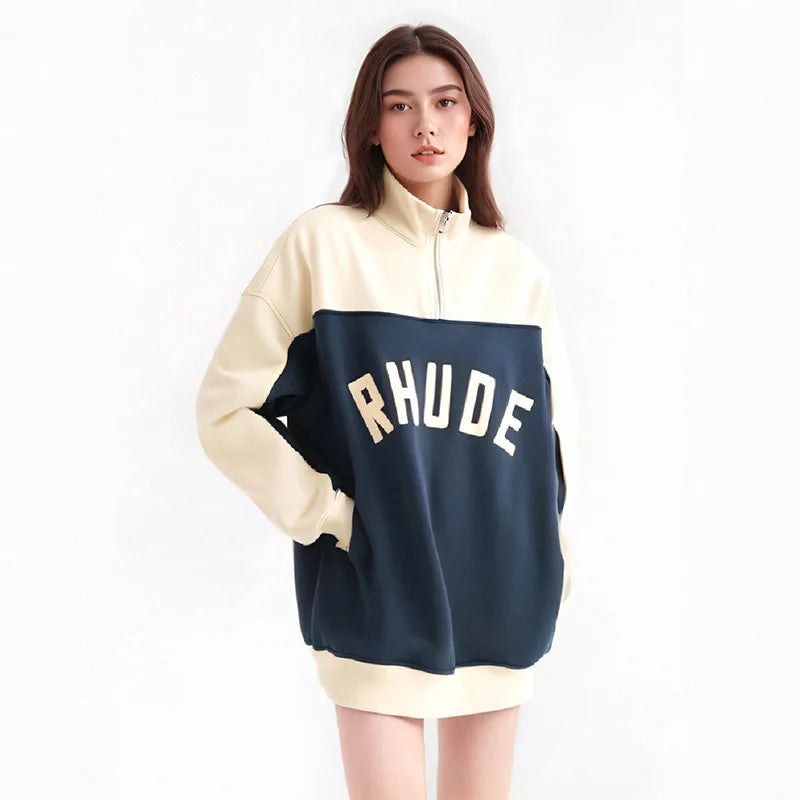 Rhude Half Zip Fleece Hoodie Set Men's Streetwear Autumn Winter Casual Pants Ensemble With Splice Trendy Brand