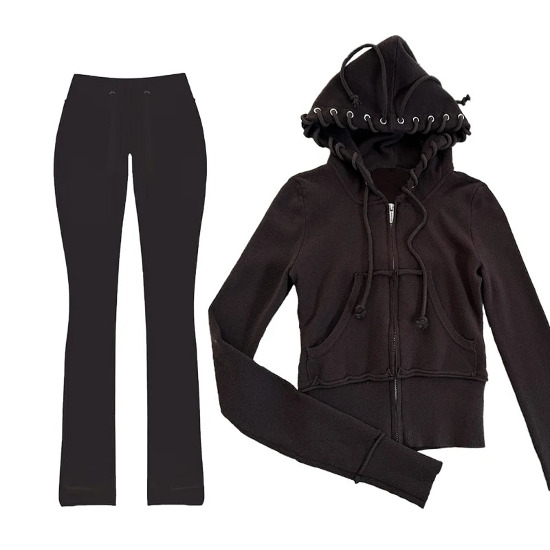 FZZSHPWL Aesthetic grey fall winter outfit punk casual retro burrs grunge streetwear emo girl fairy womens zipper jacket fashion trousers