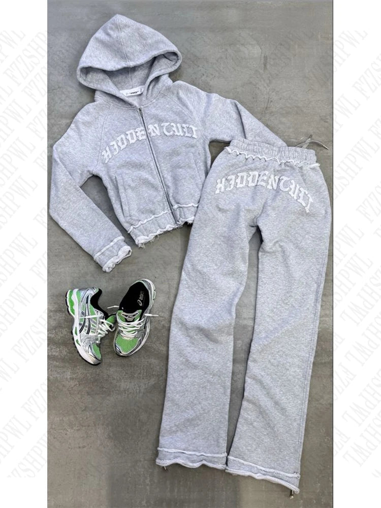FZZSHPWL Aesthetic grey fall winter outfit punk casual retro burrs grunge streetwear emo girl fairy womens zipper jacket fashion trousers