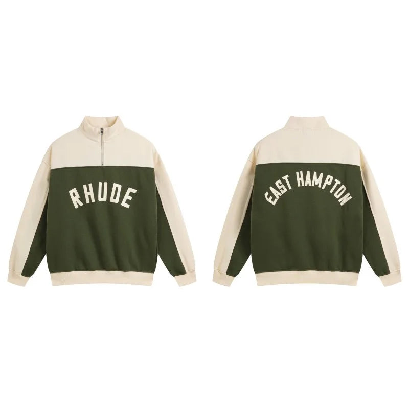 Rhude Half Zip Fleece Hoodie Set Men's Streetwear Autumn Winter Casual Pants Ensemble With Splice Trendy Brand