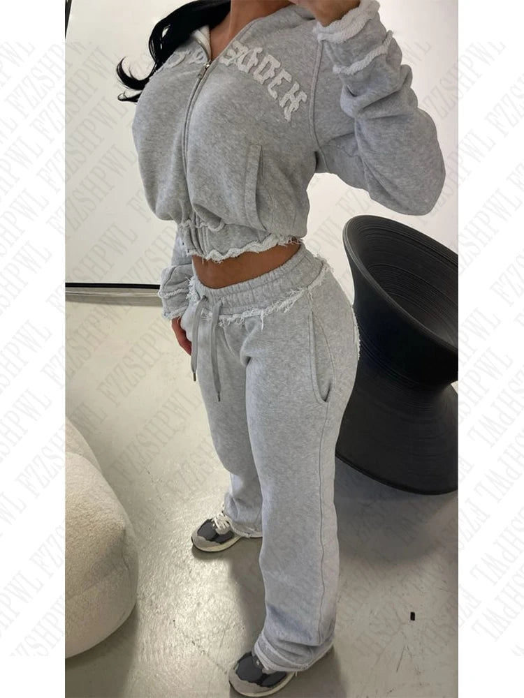 FZZSHPWL Aesthetic grey fall winter outfit punk casual retro burrs grunge streetwear emo girl fairy womens zipper jacket fashion trousers