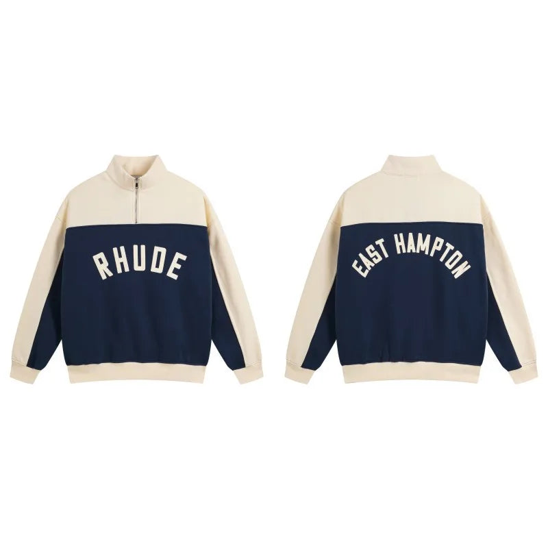 Rhude Half Zip Fleece Hoodie Set Men's Streetwear Autumn Winter Casual Pants Ensemble With Splice Trendy Brand