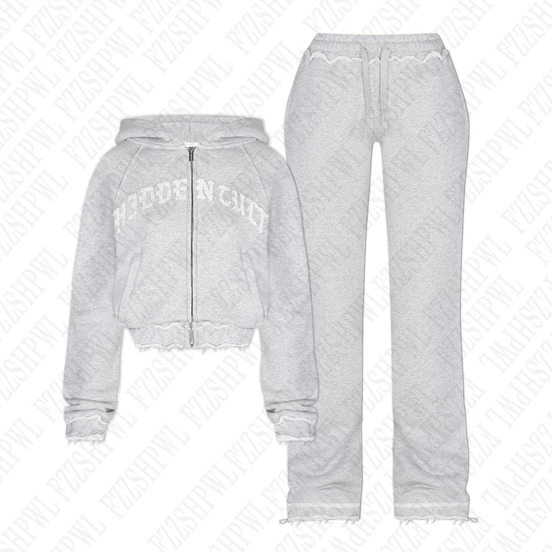 FZZSHPWL Aesthetic grey fall winter outfit punk casual retro burrs grunge streetwear emo girl fairy womens zipper jacket fashion trousers