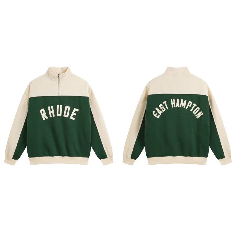 Rhude Half Zip Fleece Hoodie Set Men's Streetwear Autumn Winter Casual Pants Ensemble With Splice Trendy Brand