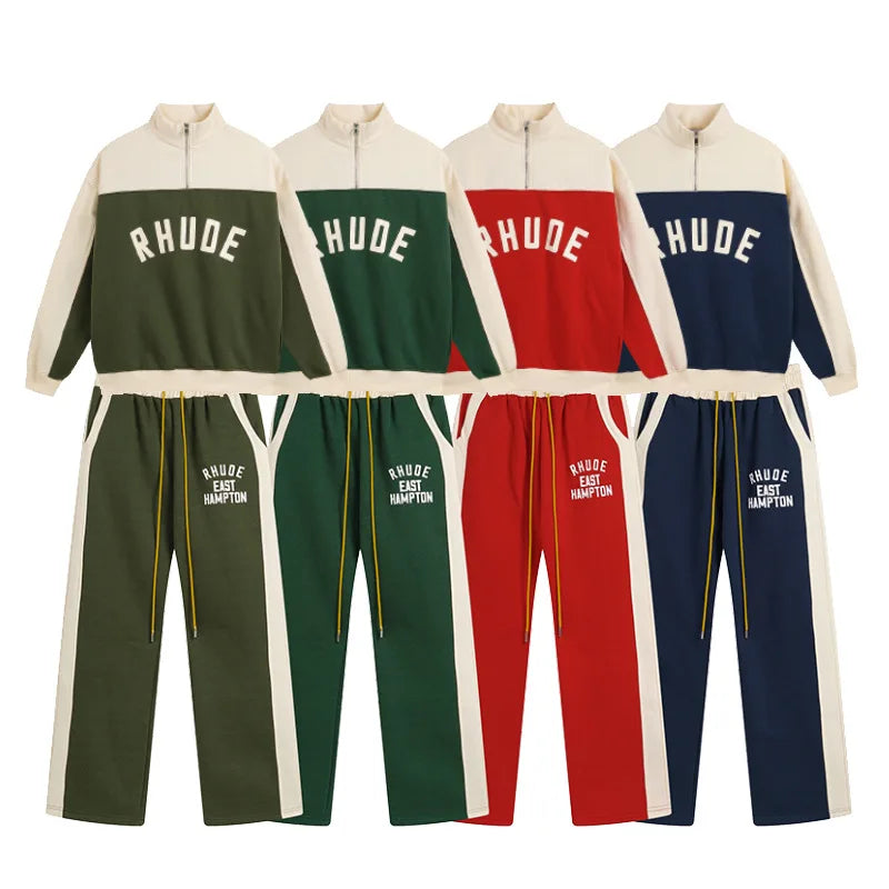 Rhude Half Zip Fleece Hoodie Set Men's Streetwear Autumn Winter Casual Pants Ensemble With Splice Trendy Brand