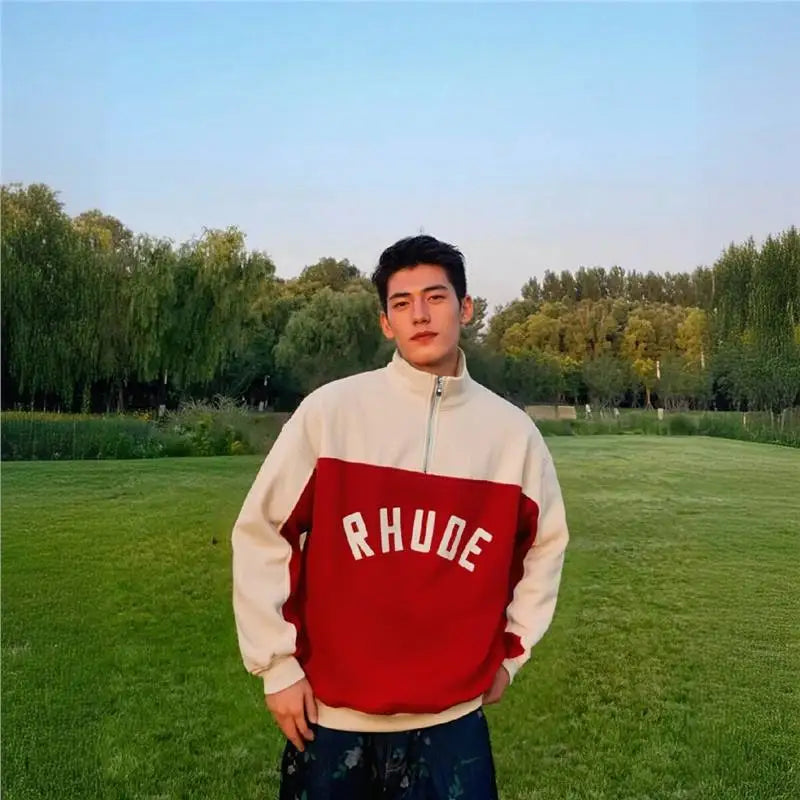 Rhude Half Zip Fleece Hoodie Set Men's Streetwear Autumn Winter Casual Pants Ensemble With Splice Trendy Brand