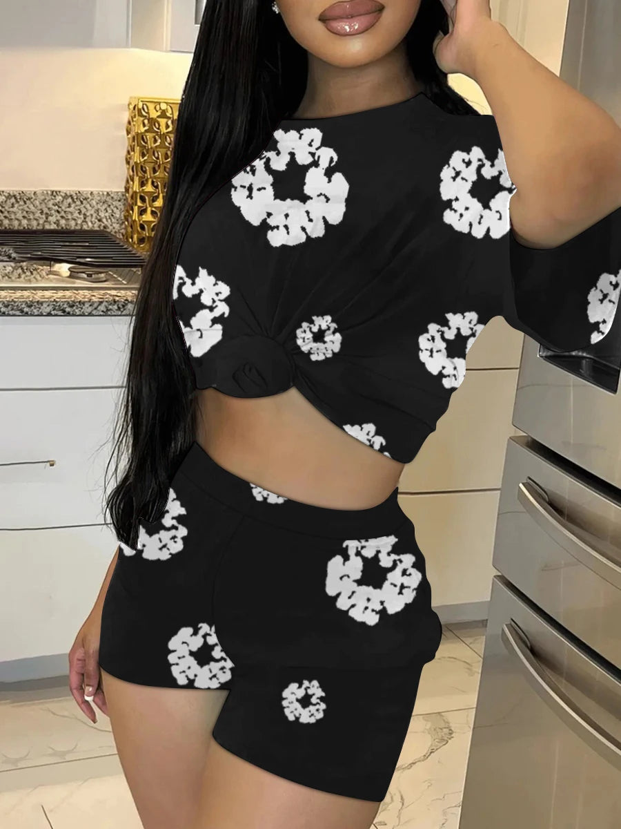 Denim Tears Round Neck Floral Print Shorts Set 2024 New In Flower Print Short Sleeve Two Piece Pants Set Daily Matching Suit for Women